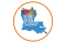 An orange circle surrounds a blue silhouette of Louisiana with the words "Food Bank of Central Louisiana" placed within the shape