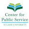 Logo for Center for Public Service Tulane University with stacked text and a design element that appears like pages of an open book